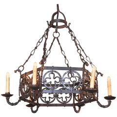 19th Century French Gothic Hexagonal Black Wrought Iron Six-Light Chandelier