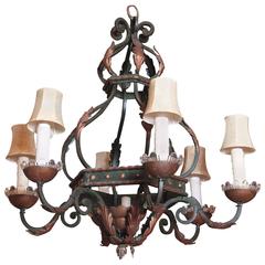 19th Century French Iron and Glass Chandelier with Verdigris and Gilt Finish