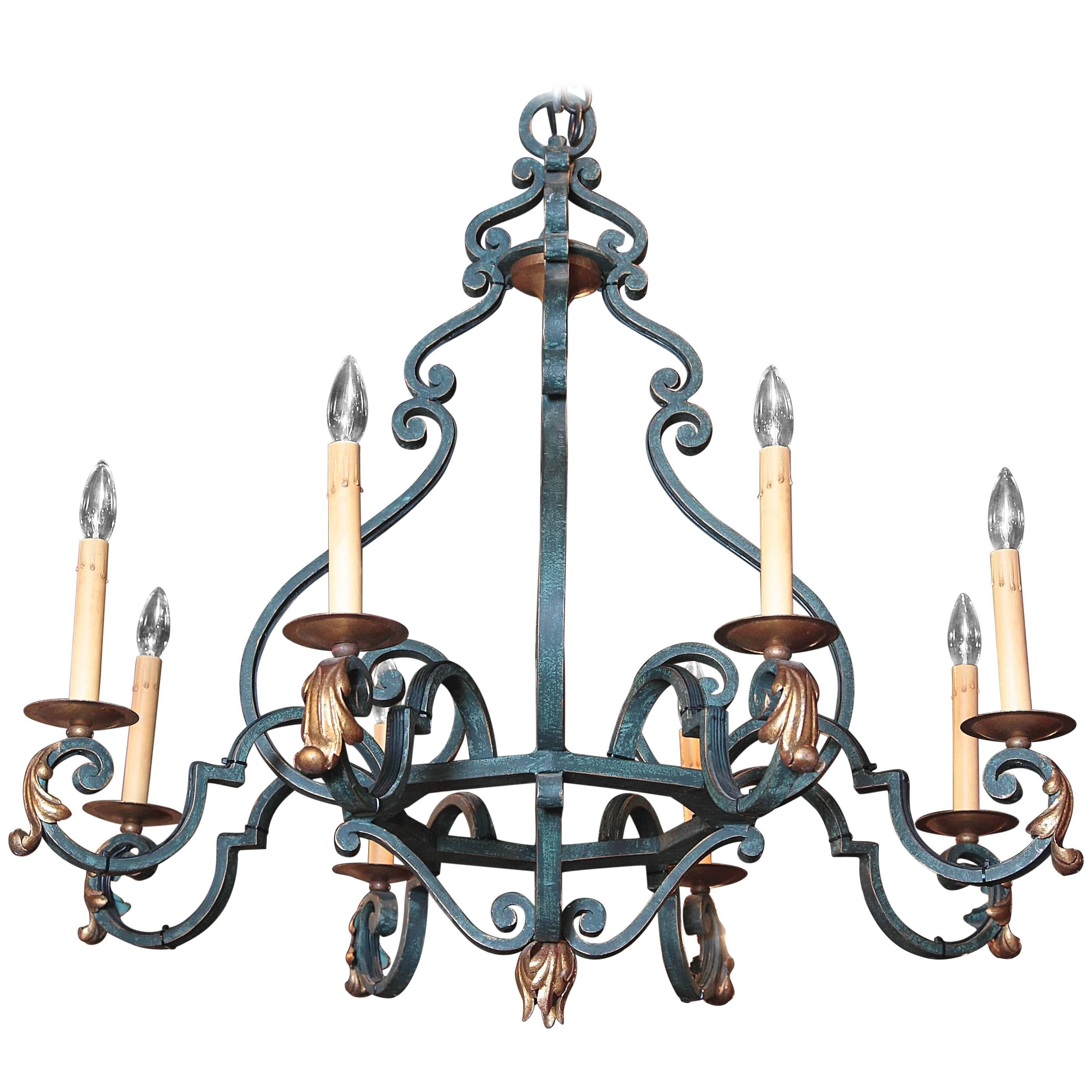 Mid-20th Century French Iron Eight-Light Chandelier with Verdigris Finish
