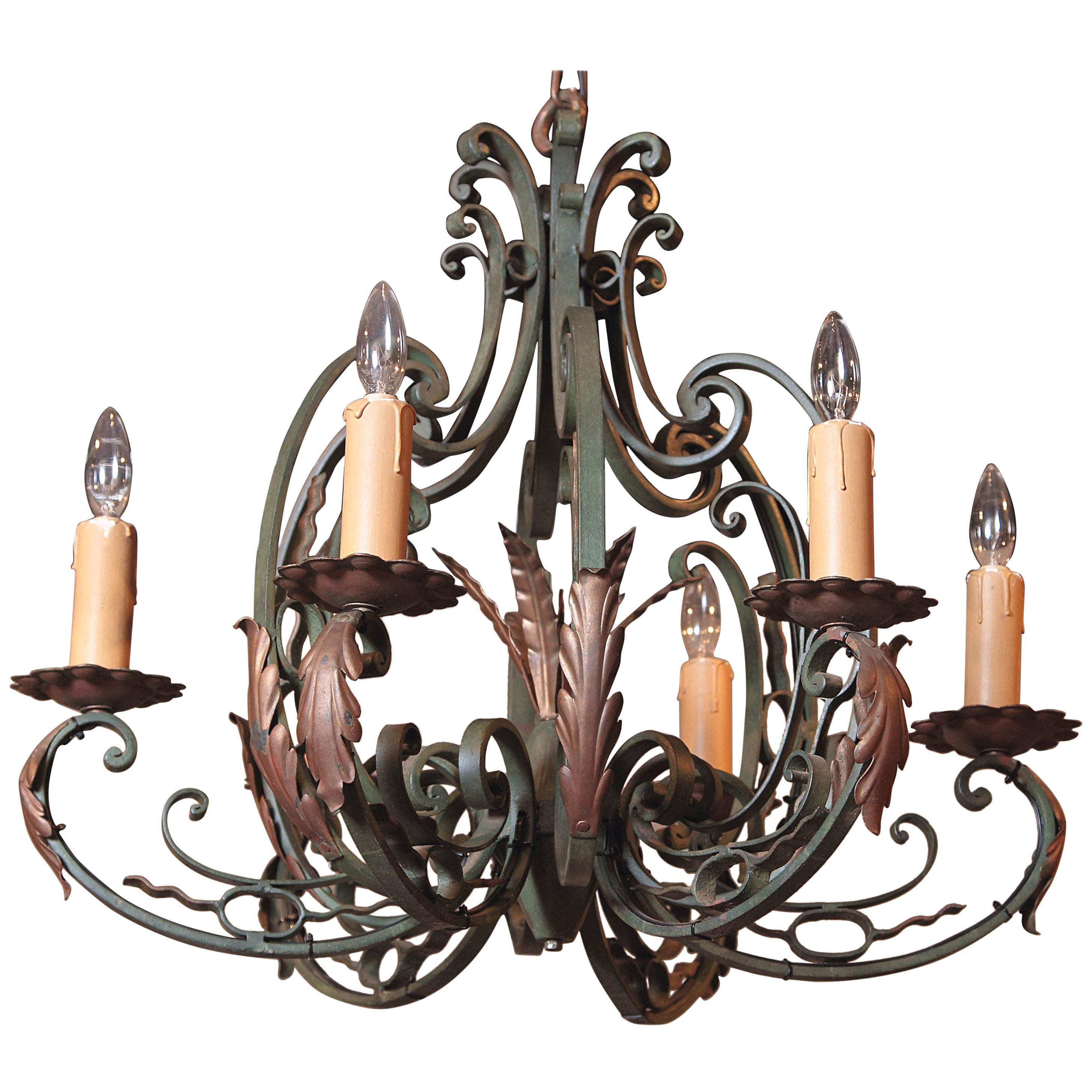 Early 20th Century French Verdigris Six-Light Iron Chandelier