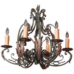 Early 20th Century French Verdigris Six-Light Iron Chandelier