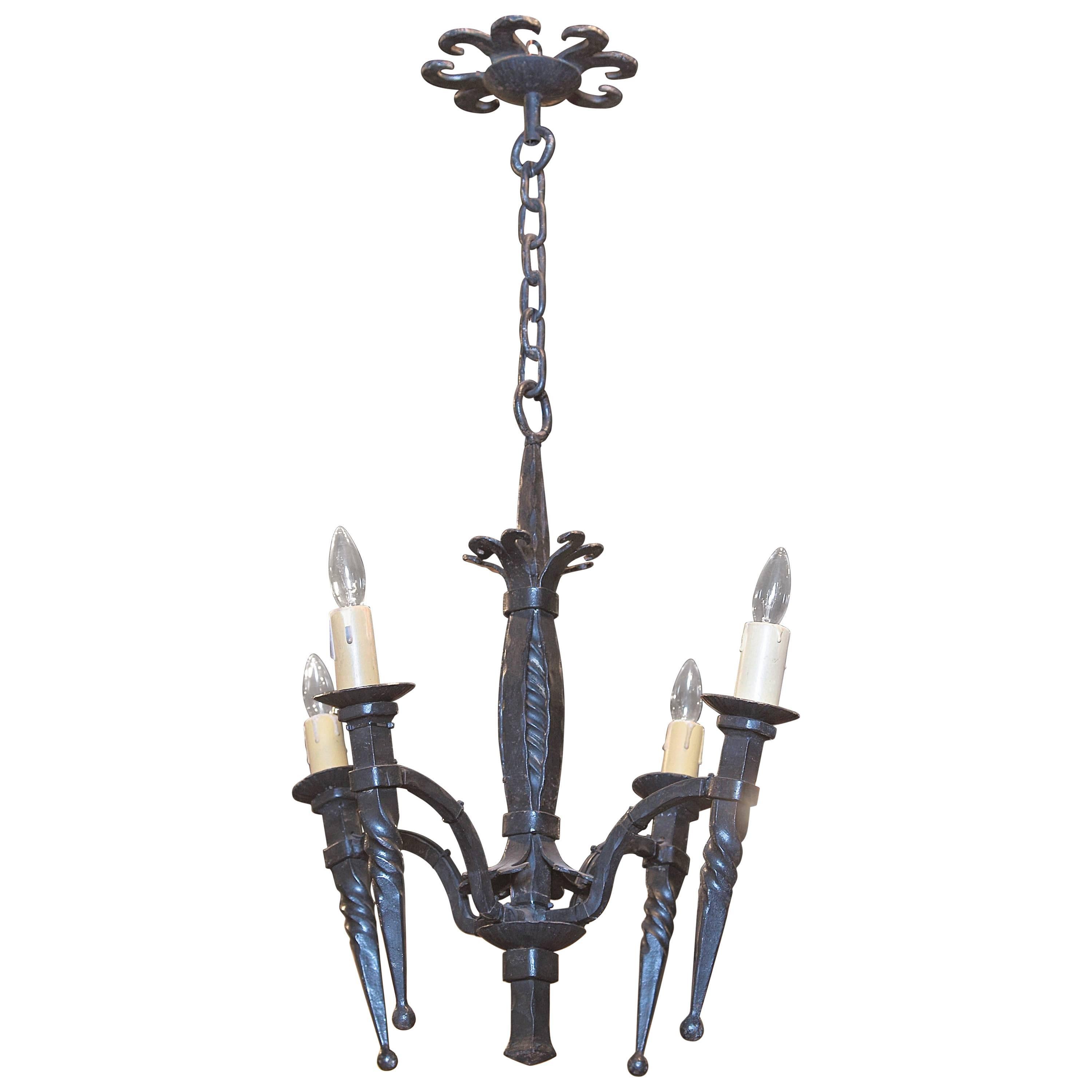 19th Century French Gothic Forged Wrought Iron Four-Light Chandelier