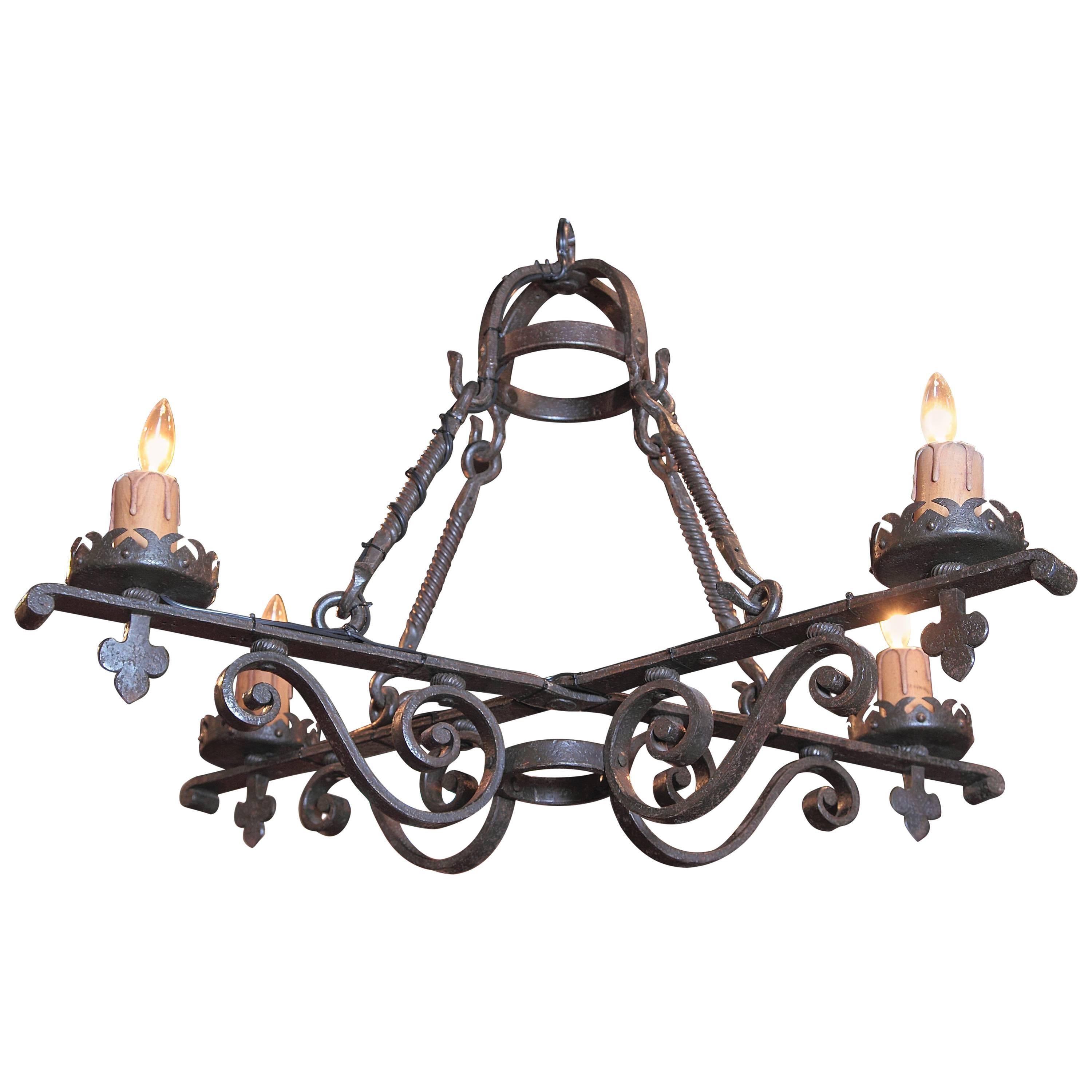 19th Century French Gothic Black Hand-Forged Wrought Iron Four-Light Chandelier