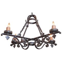 19th Century French Gothic Black Hand-Forged Wrought Iron Four-Light Chandelier