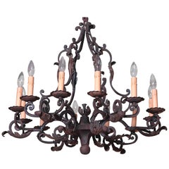 Early 20th Century French Iron Verdigris and Gilt Ten-Light Chandelier