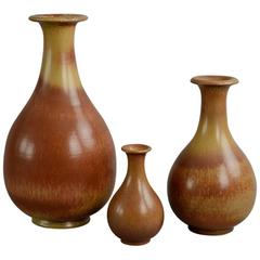 Retro Three Vases with Red-Orange Haresfur Glaze by Gunnar Nylund for Rorstrand