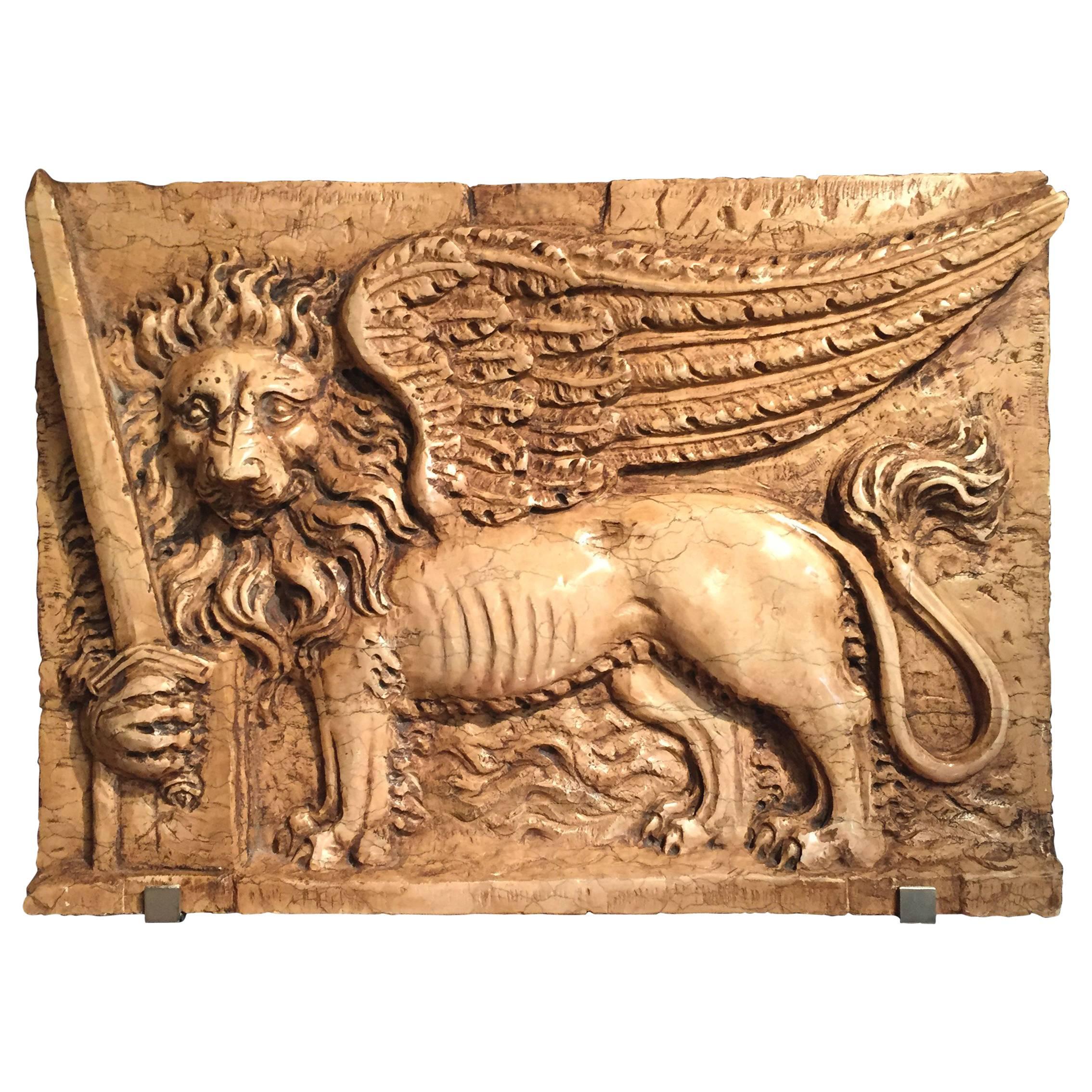 Carved Sienna Marble Wall Panel of the St Mark's Lion For Sale