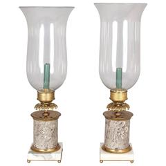 Pair of French Ormolu and Fossil Marble Table Candlesticks with Storm-Shades
