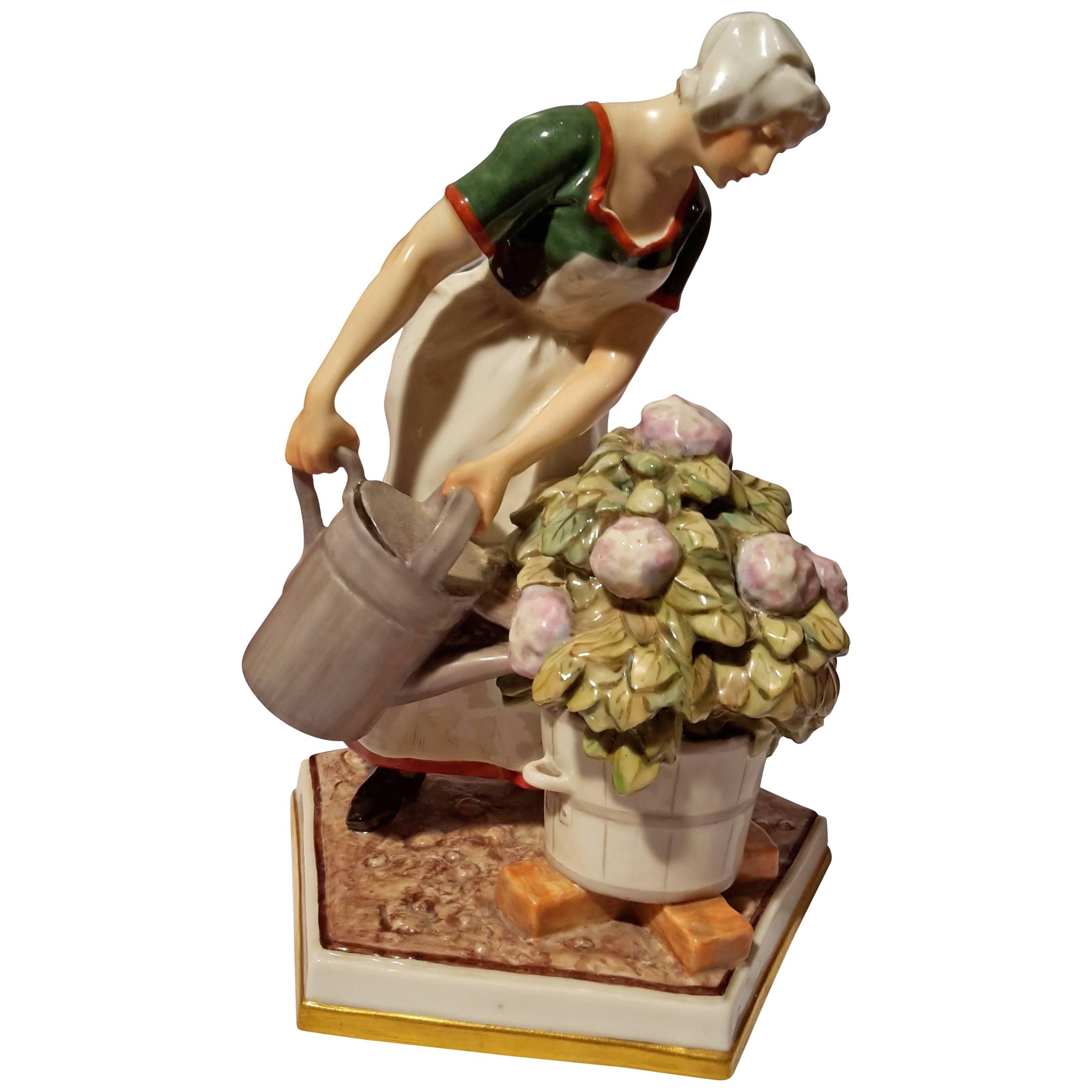 Porcelain Danish Figurine "Girl Watering Hydrangea Plant with Cat" For Sale