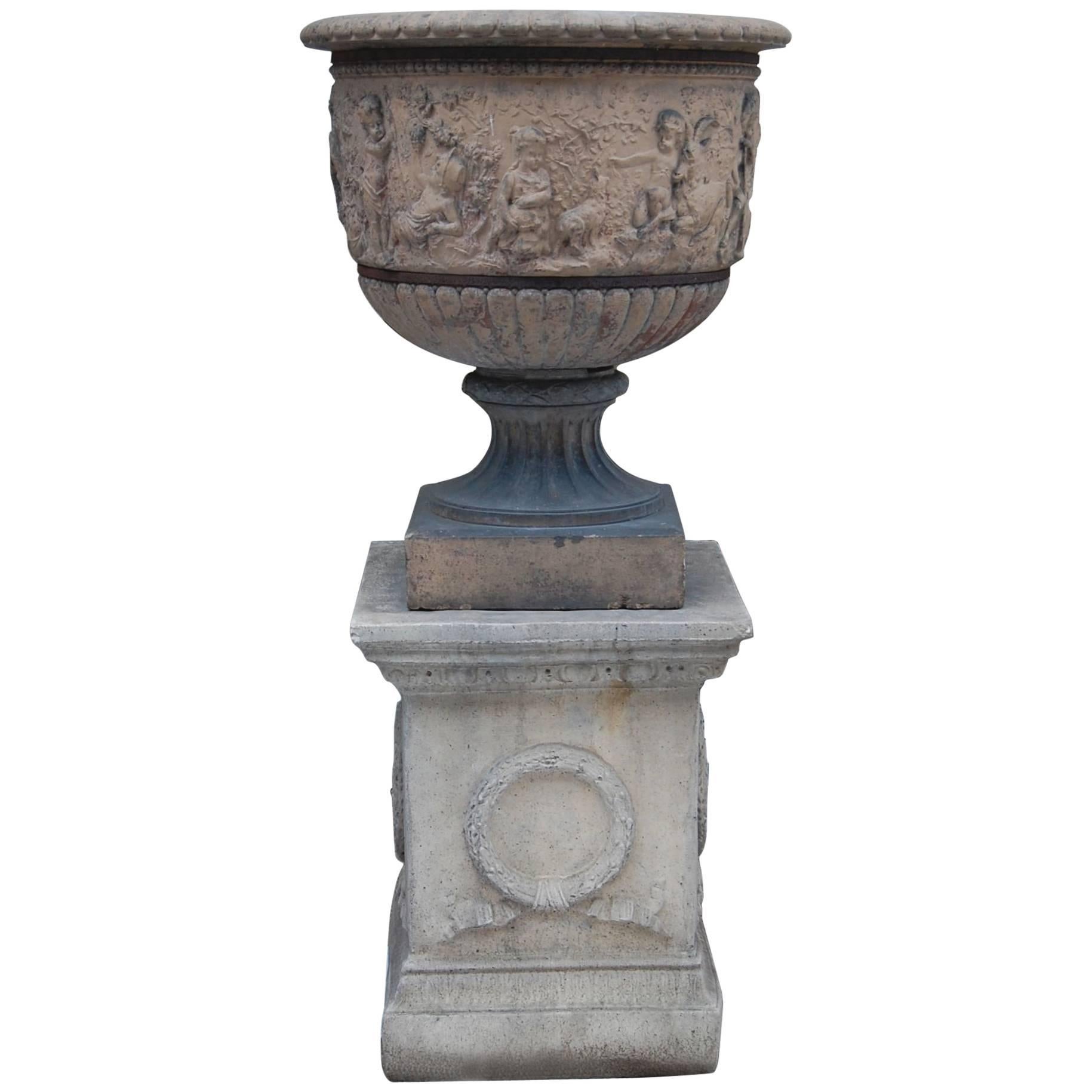 Large Classically Styled 19th Century Terracotta Urn on Modern Cement Plinth For Sale