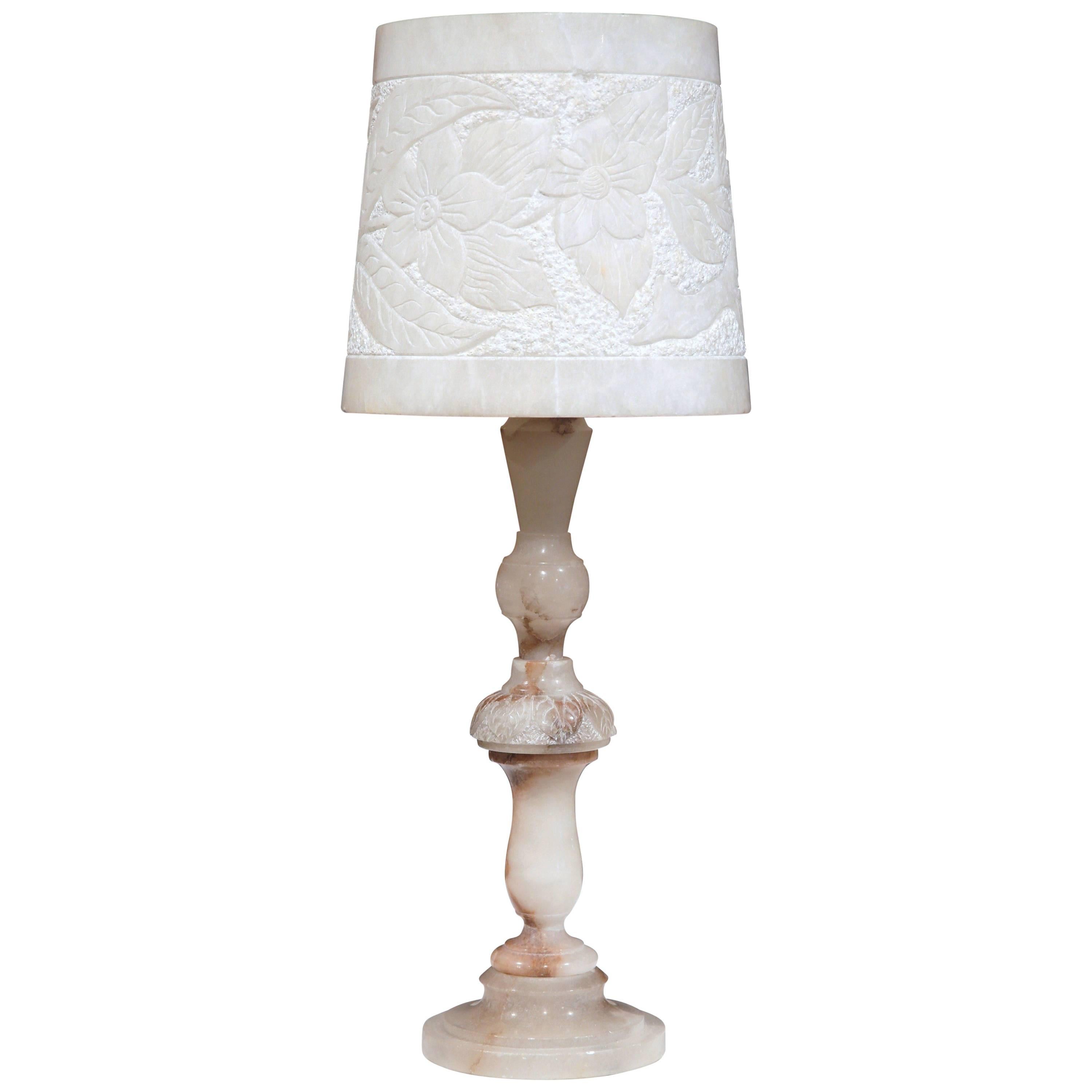 Turn of the Century French Marble Desk Lamp with Carved Alabaster Shade