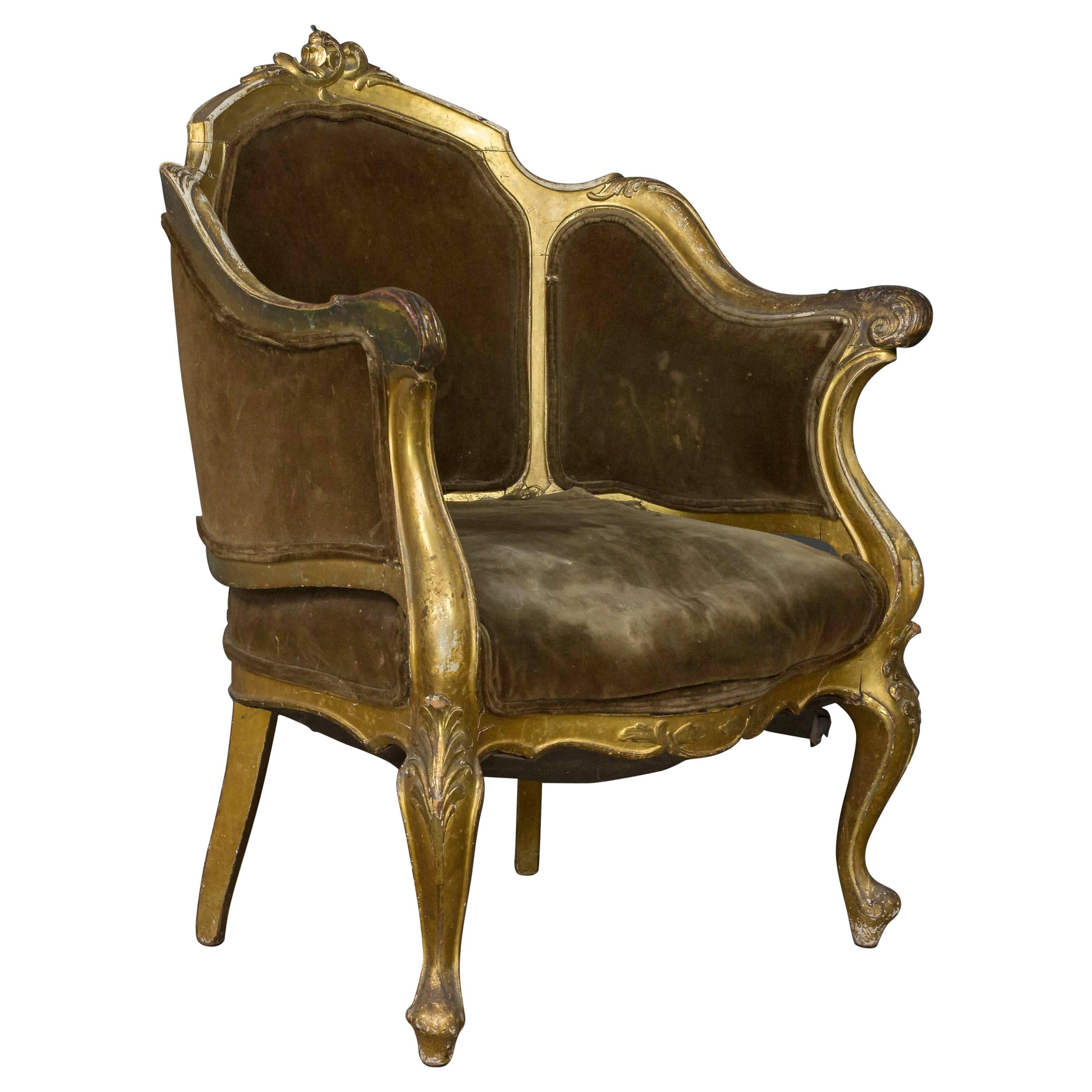 French 19th Century Rococo Revival Giltwood Armchair For Sale