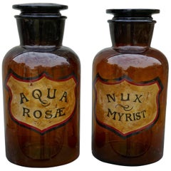 Pair of Very Large Amber Glass Chemist Jars, Large Stoppers