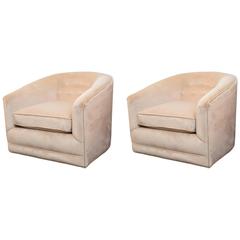 Pair of Mid-Century Barrel Back Swivel Chairs in Ultrasuede Pair of Mid-Century Barrel Back Swivel Chairs in Ultrasuede
