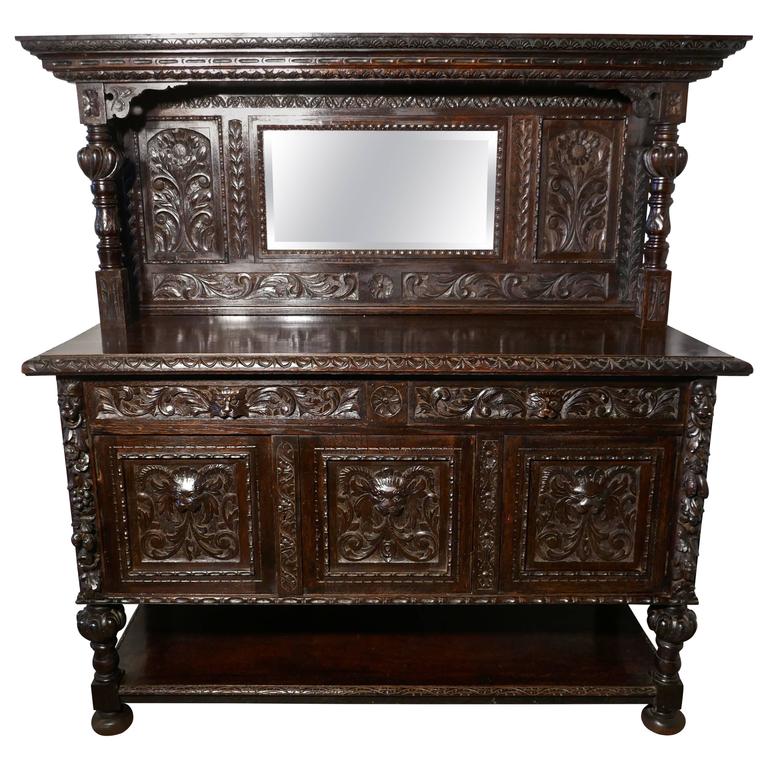 19th Century Carved Oak Mirror Back Dresser with Tree of Life, Green