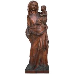 French Gothic Carved Oak Madonna and Child, Large-Scale 7