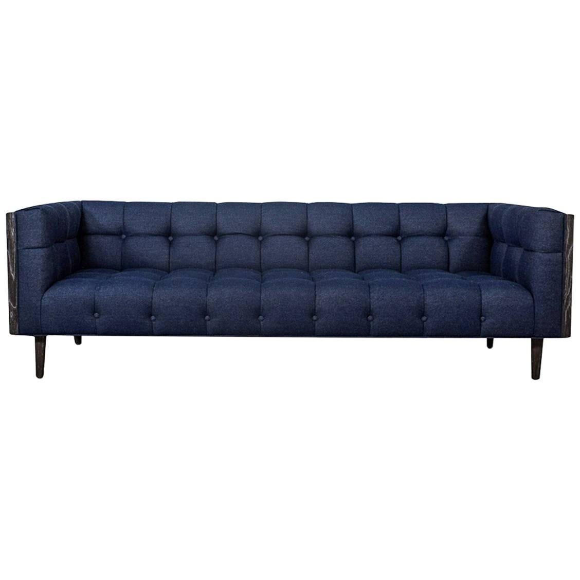 Mid-Century Style Sofa with Dark Walnut Frame & Legs in Tufted Navy Denim For Sale