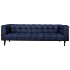 Mid-Century Sofa with Wood Frame and Tufted Dark Navy Denim Fabric 9