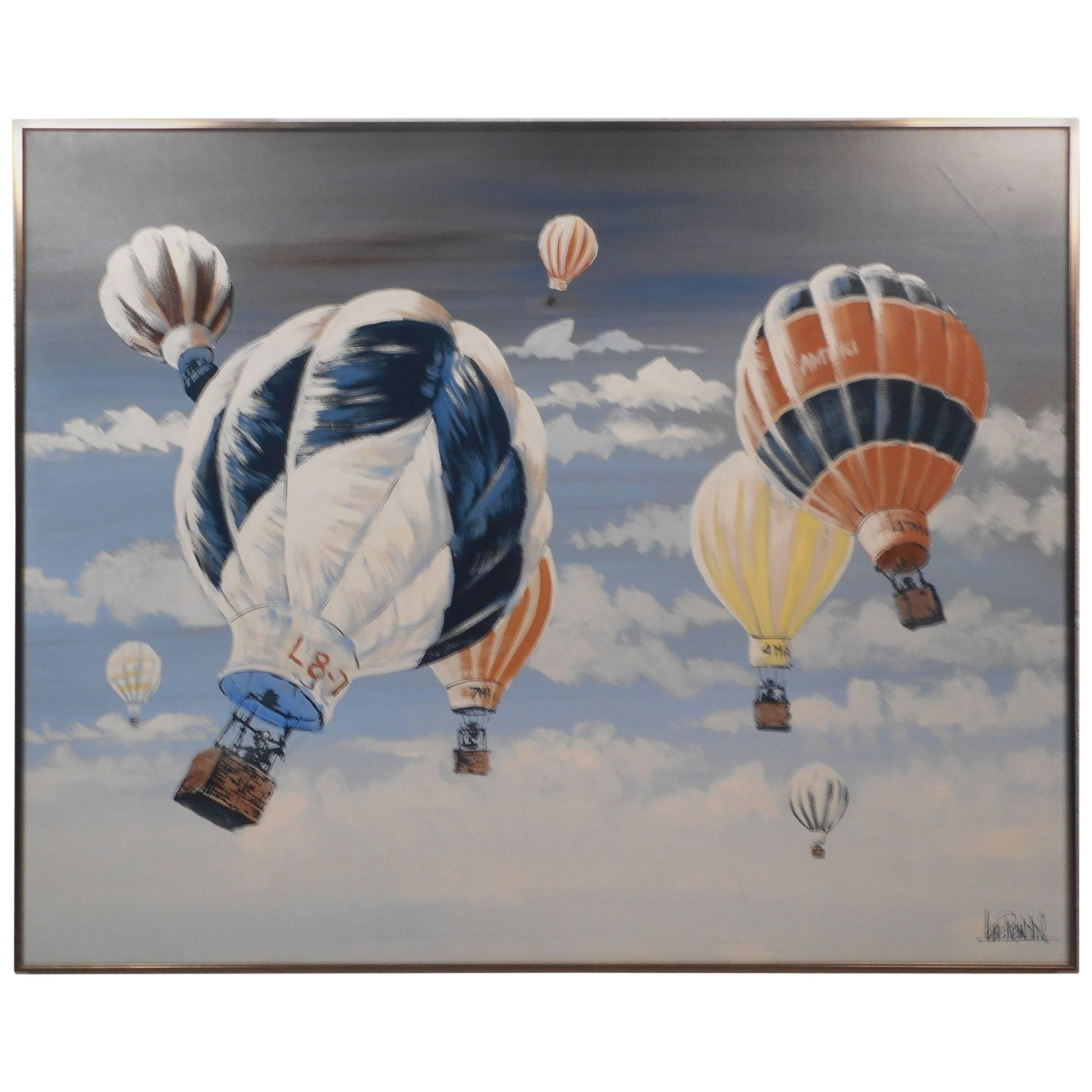 Mid-Century Modern Hot Air Balloon Oil Painting