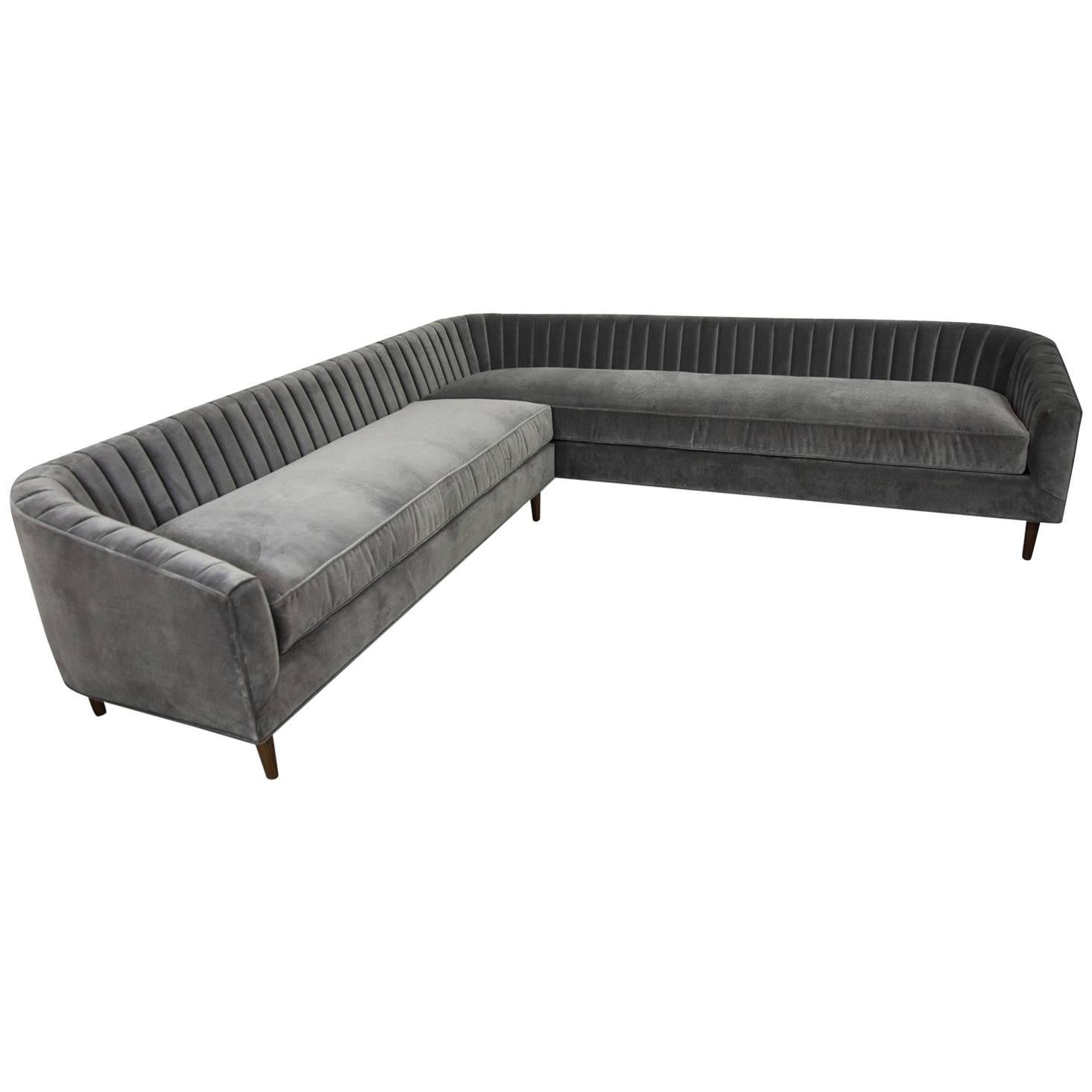 Art Deco Style Sectional in Charcoal Velvet w/ Down Cushions & Long Arm Tufting For Sale