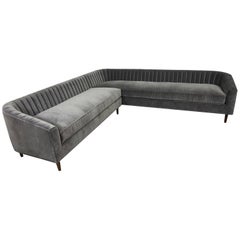 Art Deco Style Sectional in Charcoal Velvet w/ Down Cushions & Long Arm Tufting