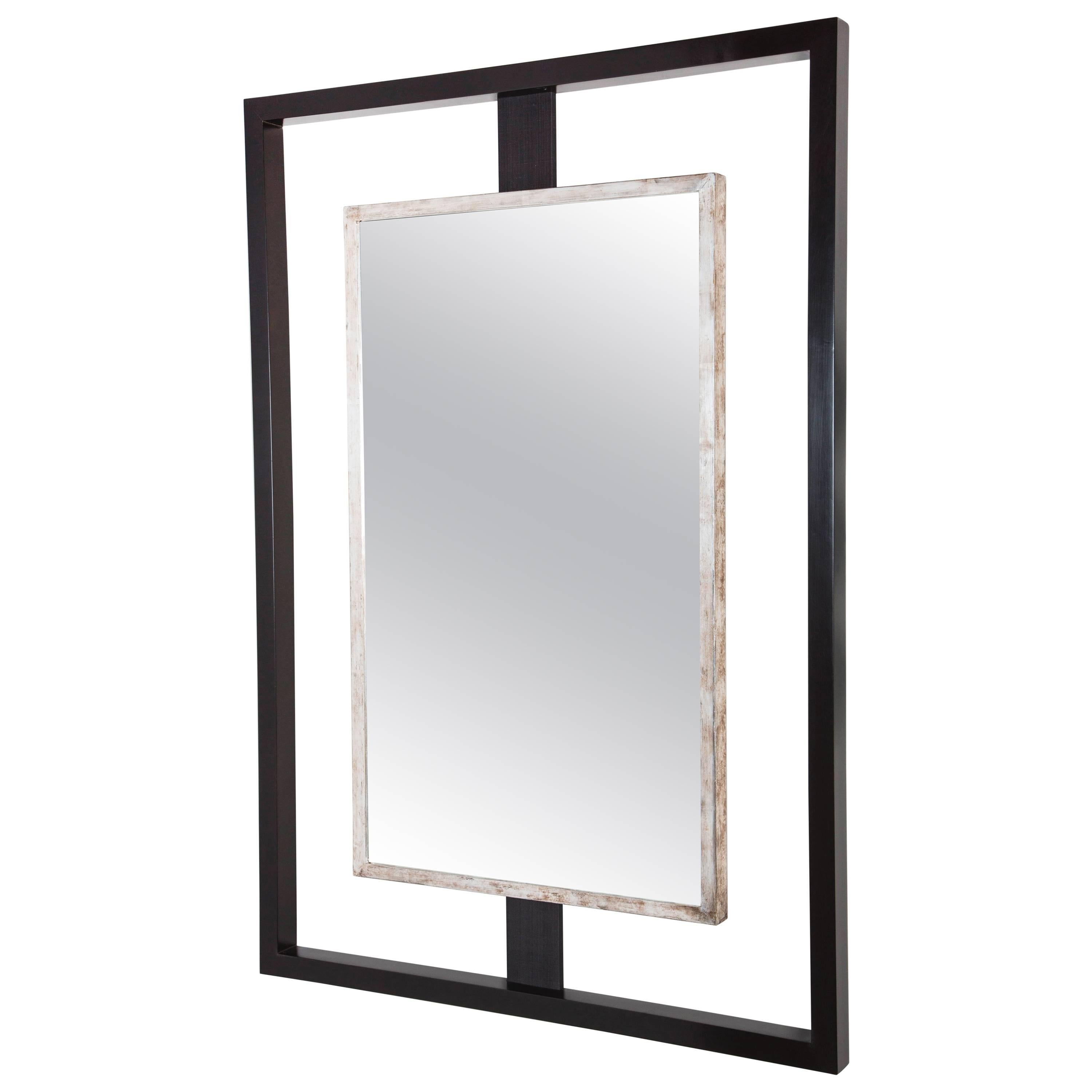 Paul Marra Negative Space Mirror with Distressed Silver Inner Frame For Sale