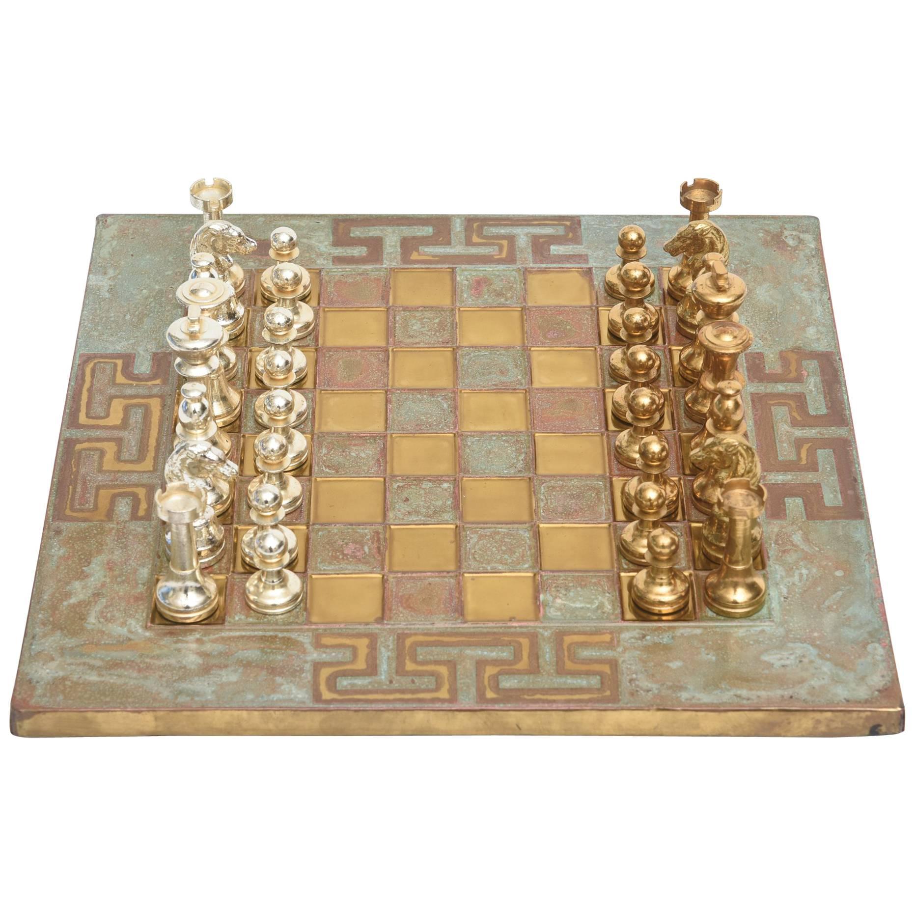  Greek Key Mid-Century Modern Chrome, Brass & Copper Chess Set /SALE
