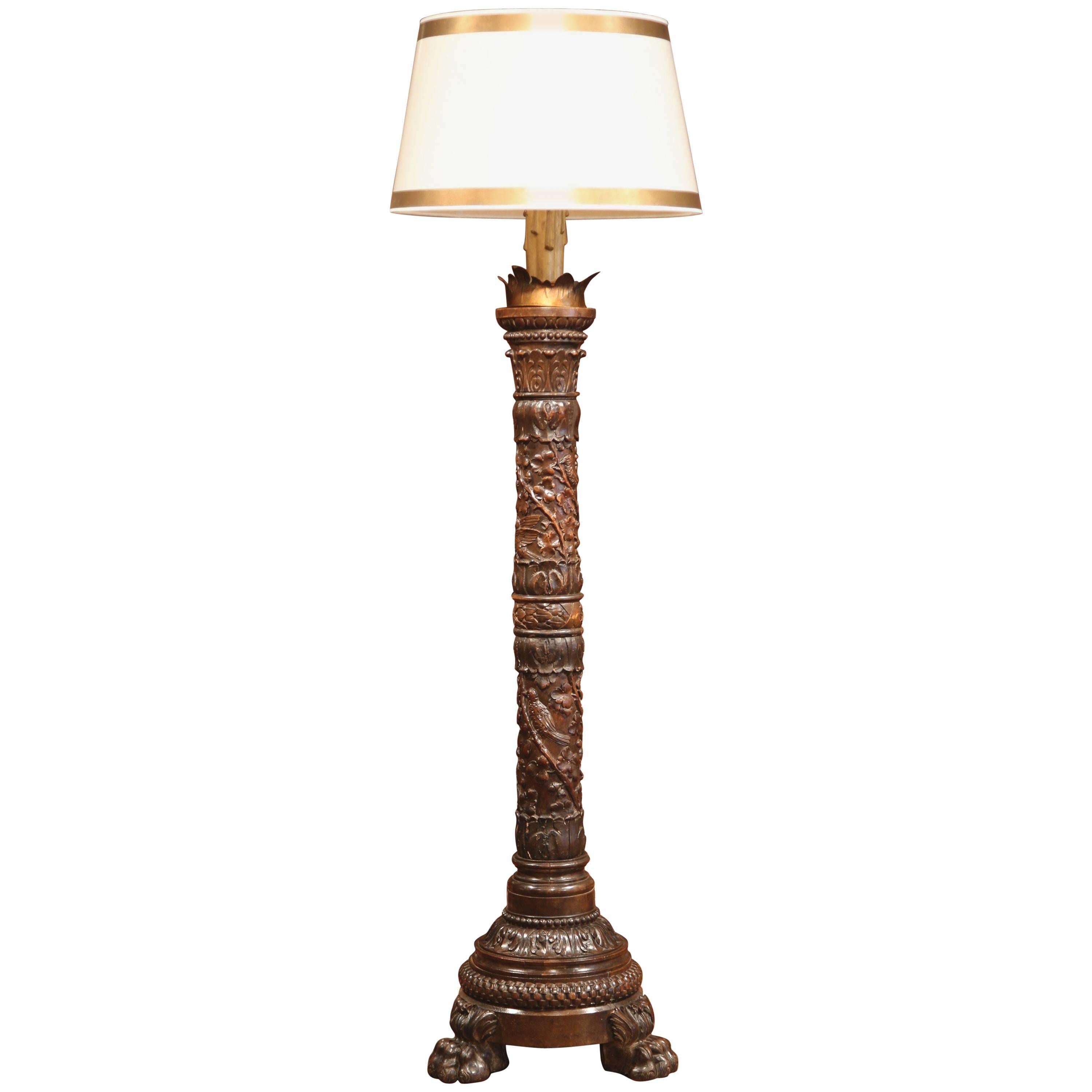 19th Century French Napoleon III Carved Oak Floor Lamp from Normandy