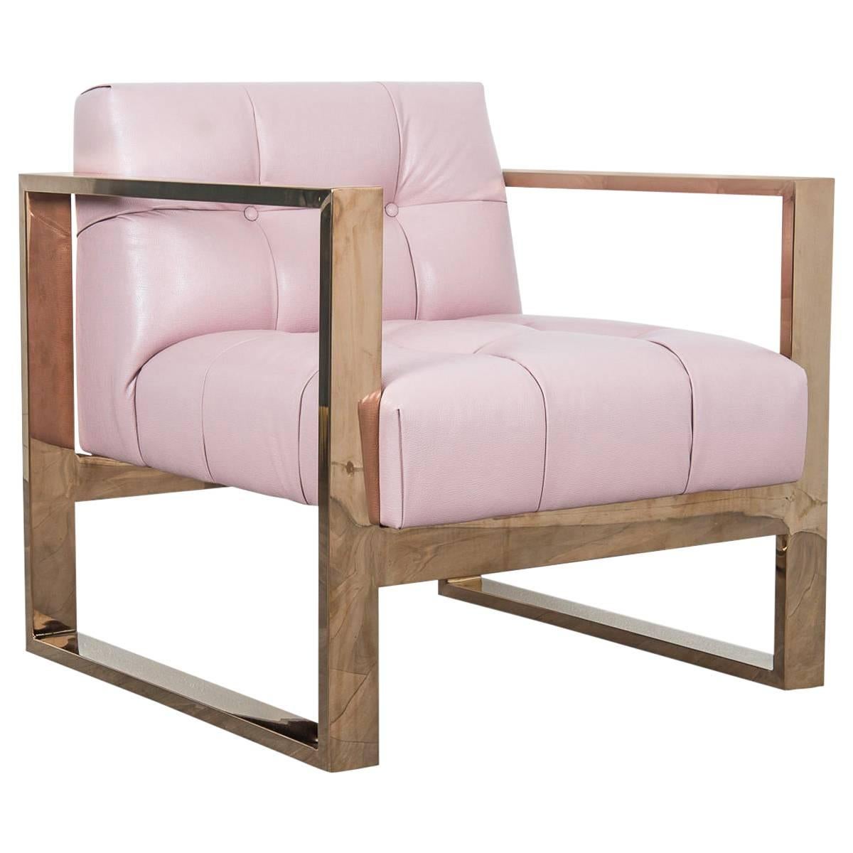 Geometric Occasional Chair in Blush Pink Faux Leather with Rose Gold Frame For Sale