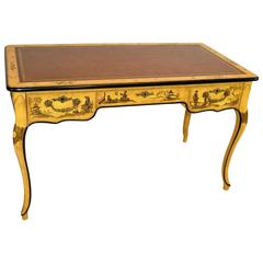 Asian Yellow Chinoiserie Desk with Tooled Leather Top by Baker Furniture