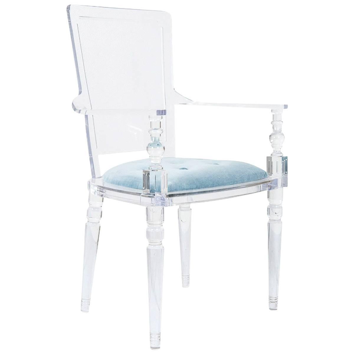 Modern Style Lucite Dining & Accent Chair with Ice Blue Velvet Upholstery For Sale