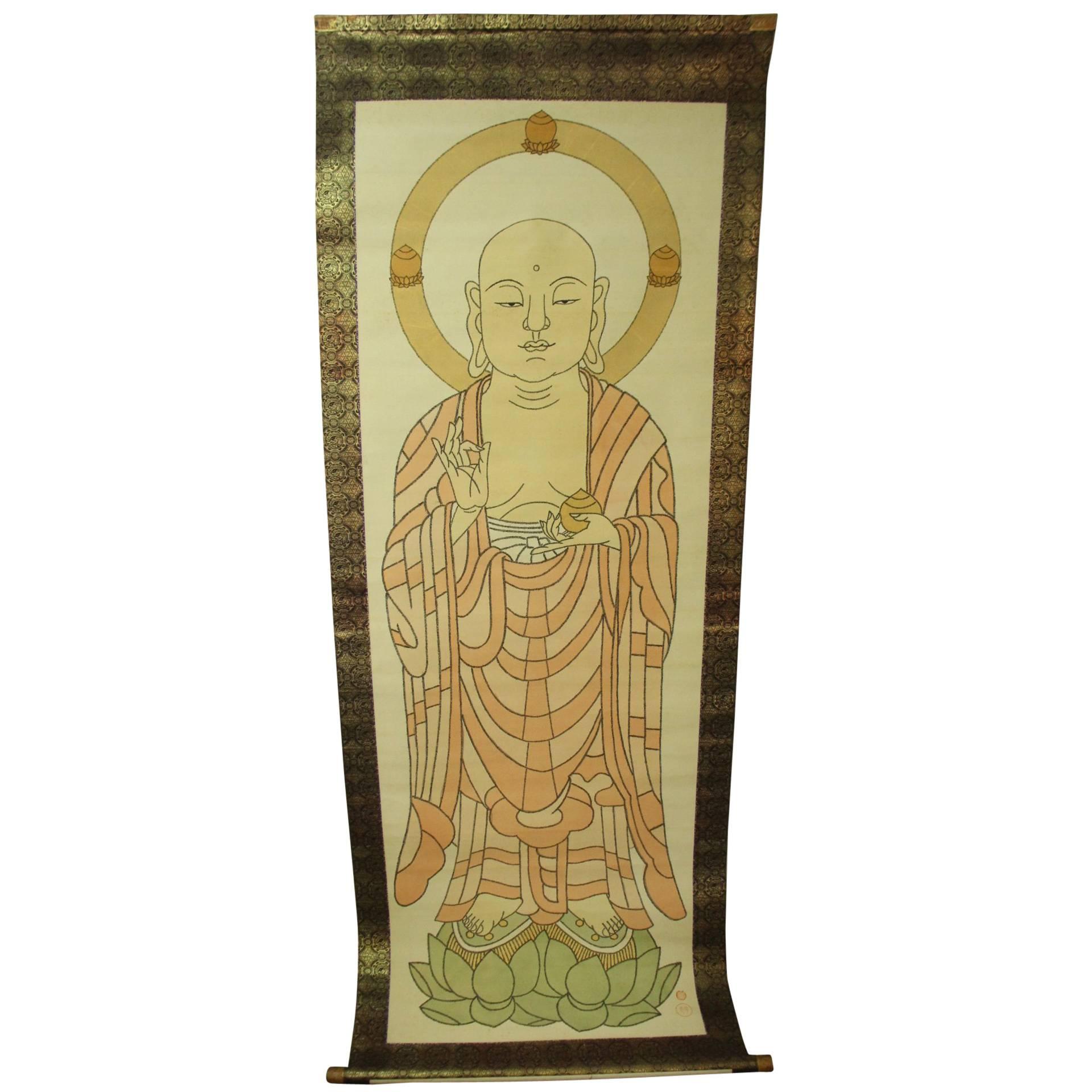 Japan Important Massive Hand Painting Buddha Temple "Sutras" Silk Scroll, 19thc