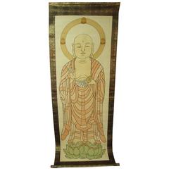 Antique Japan Important Massive Hand Painting Buddha Temple "Sutras" Silk Scroll, 19thc