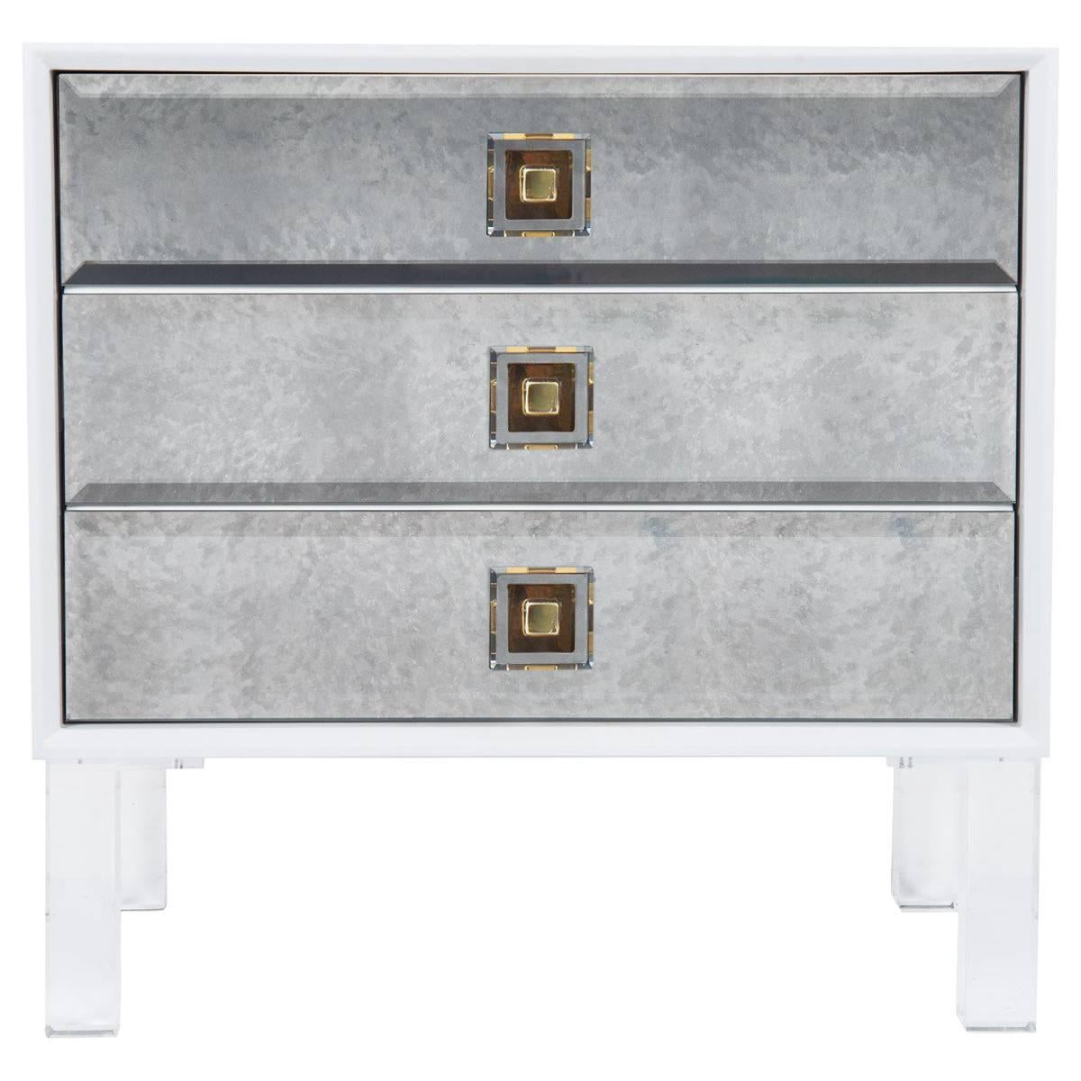 White Accent Table with Antique Mirror Drawers and Lucite Pulls & Legs