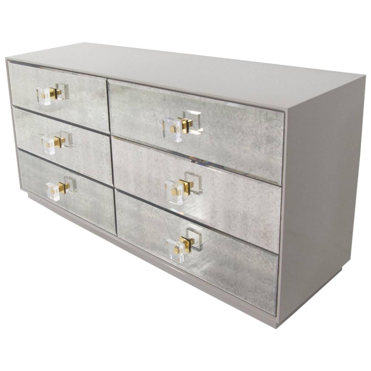 Storage Dresser in Greystone Lacquer with Antique Mirror Drawers & Lucite Pulls For Sale