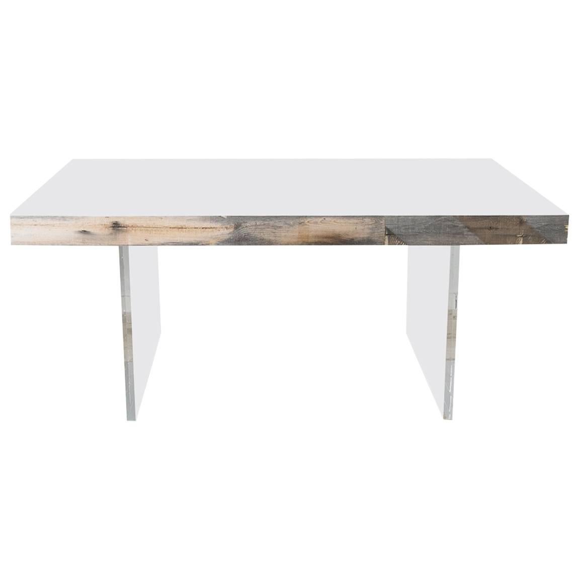 Modern Dining Table in Recycled Grey Wood with Lucite Legs & Glass Top For Sale