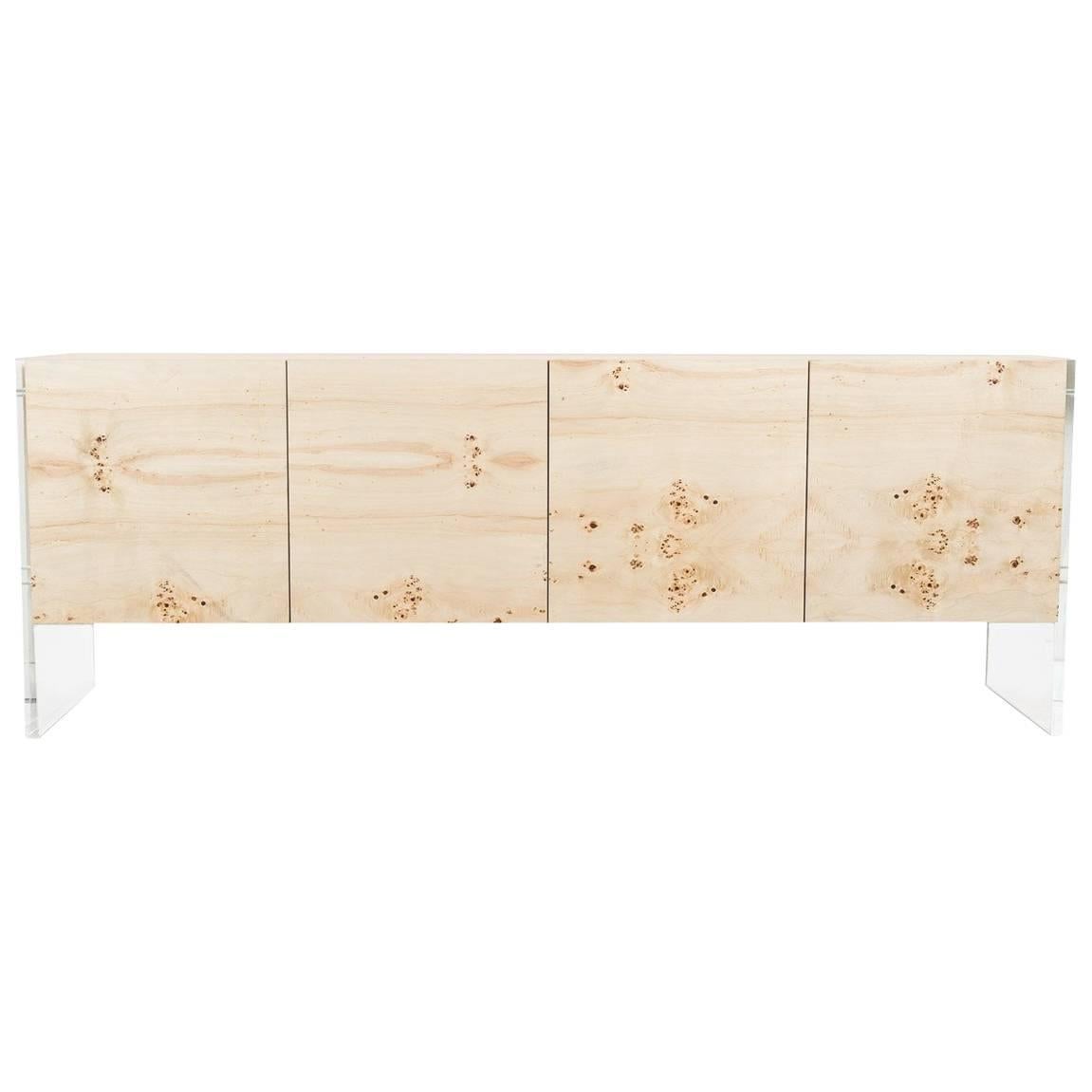 Mid-Century Style Burl Wood Storage Credenza Sideboard with Lucite Plinth Legs For Sale