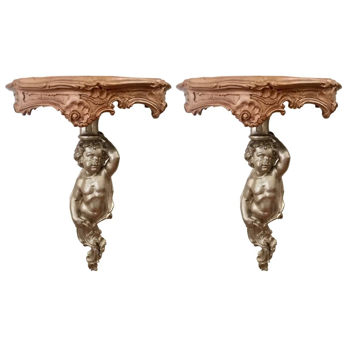 19th Century Pair of Louis XV Style Carved Giltwood Putto Wall Brackets For Sale