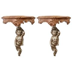 19th Century Pair of Louis XV Style Carved Giltwood Putto Wall Brackets 7