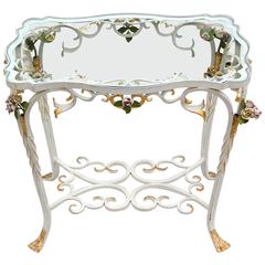 Romantic Tole Side Table with Floral Decorations, 1950s, France
