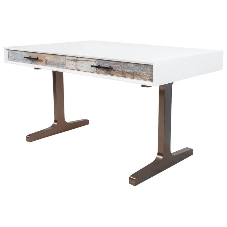 Mid Century Modern Style Z Leg Desk In Brass W Mappa Burl Wood Top White Lacquered Desk With Recycled Wood Accentid Century Copper T Legs