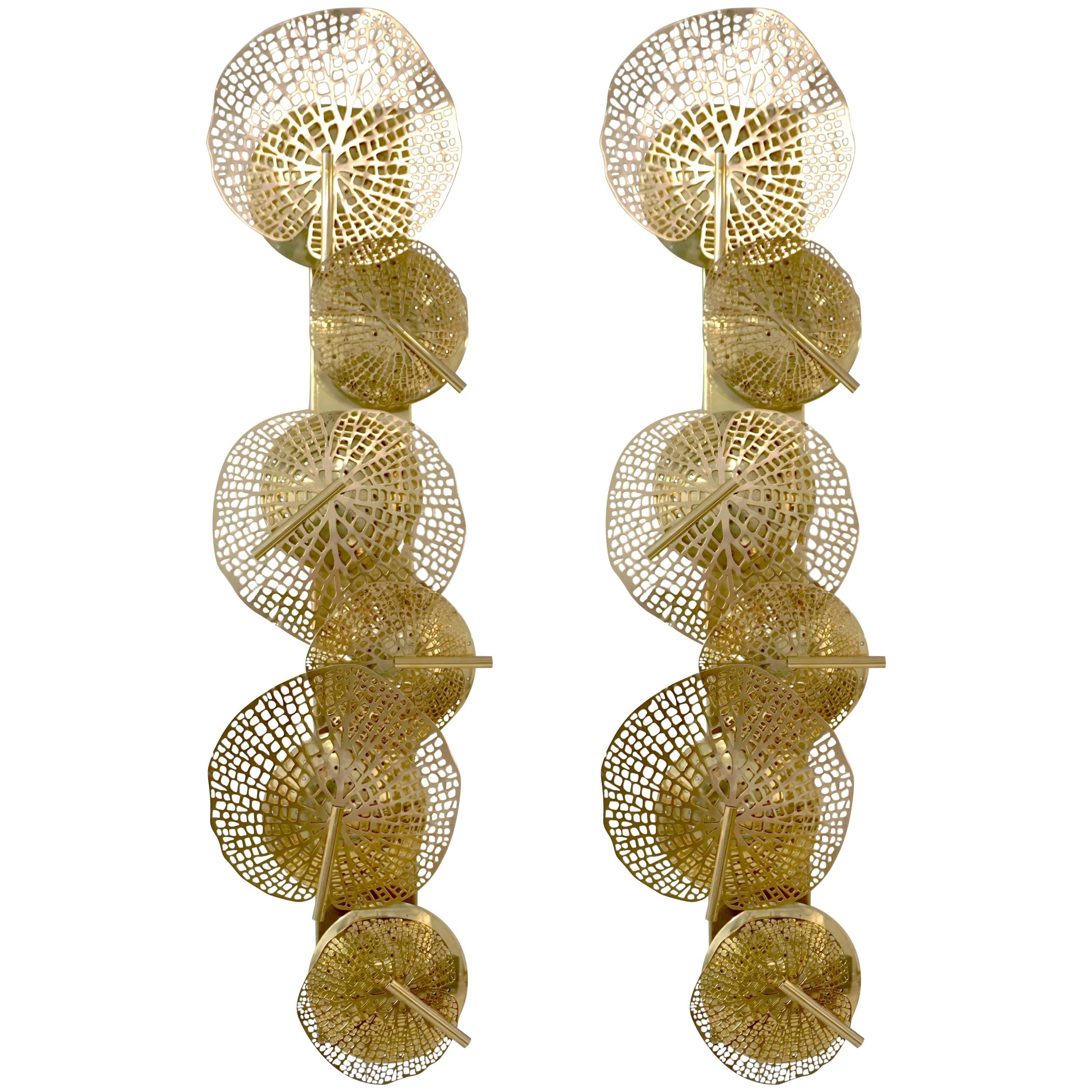 Contemporary Organic Italian Design Pair of Perforated Brass Leaf Sconces