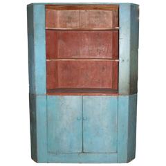 19th Century Two Part Corner Cupboard in Old Blue Paint