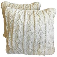 Pair of Beautiful White Hand Crocheted Pillows, Zipper Sides Fine Detail Down