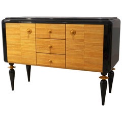Italian Contemporary Art Deco Design Black Lacquered Yellow Leather Sideboard