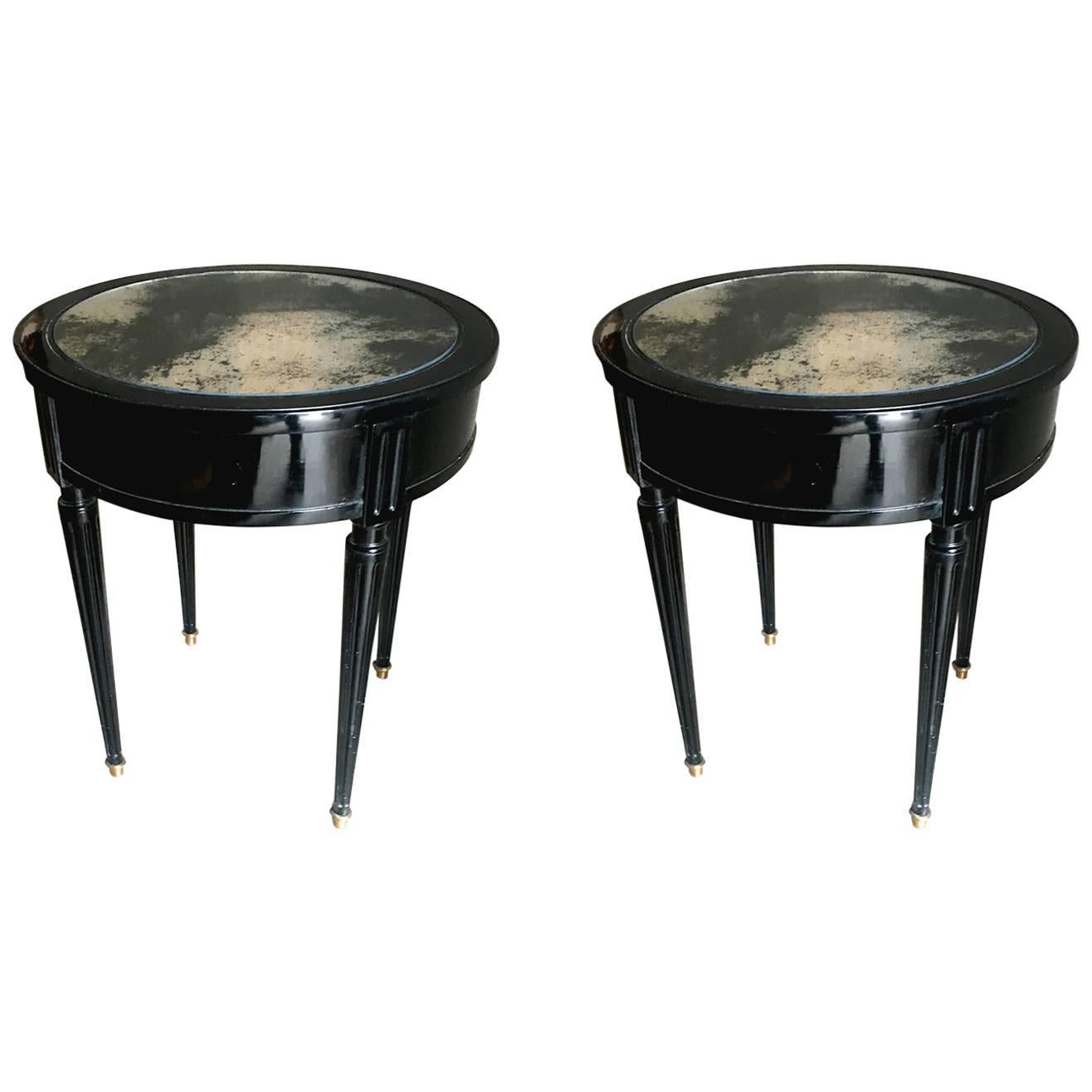 Maison Jansen Signed Pair of Side Blackened Wood Tables with Oxidized Mirror top For Sale