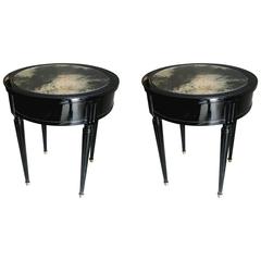 Maison Jansen Signed Pair of Side Blackened Wood Tables with Oxidized Mirror top