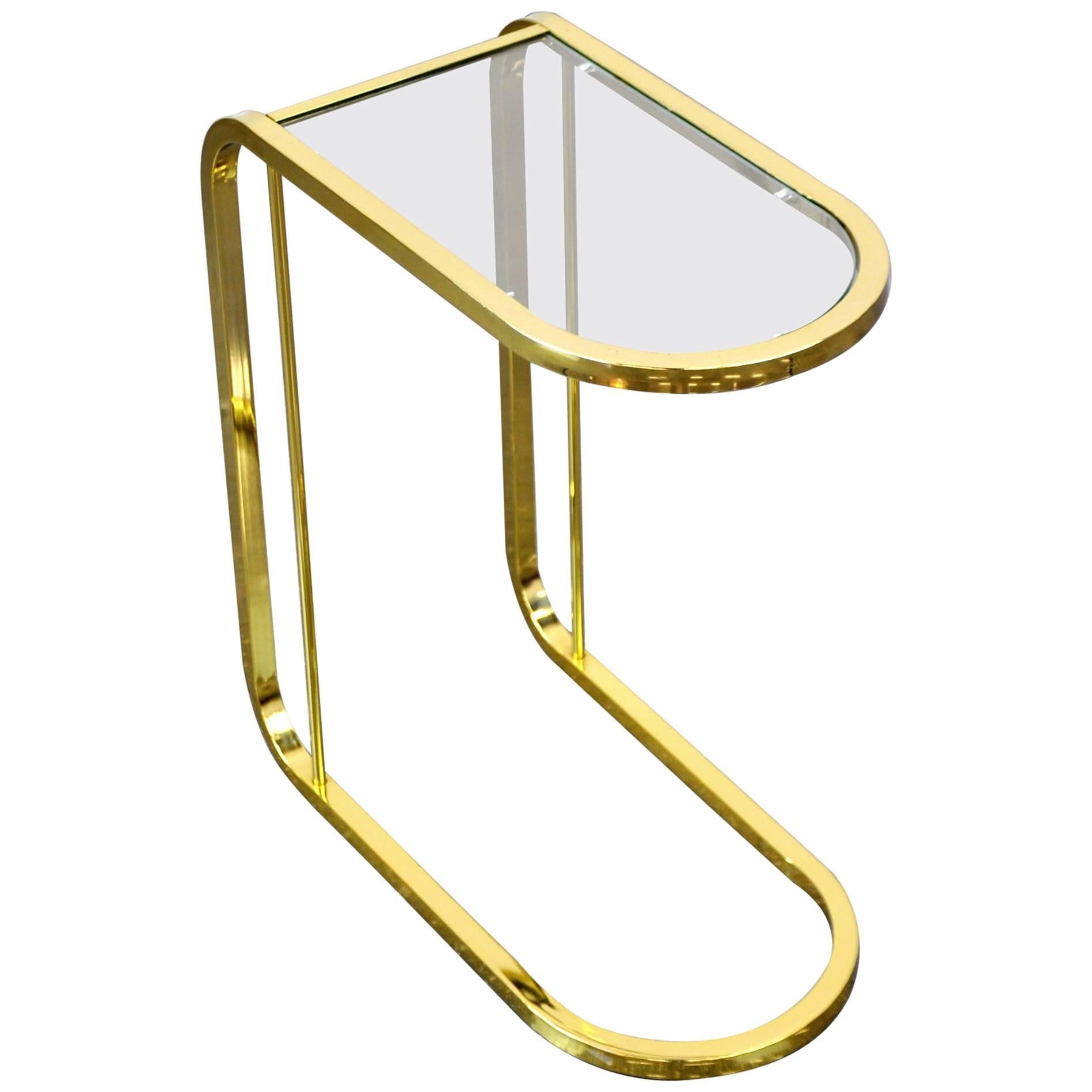 Milo Baughman Style Brass and Glass Cantilever Side Table