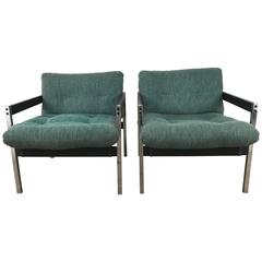 Pair of Modernist Chrome and Wood Sling Lounge Chairs after Charles Pollock