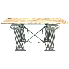 Modern Neoclassical Marble-Topped Decorative Iron Column Base Console